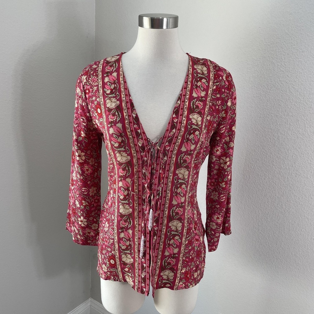 Plenty Tunic Top Womens 6 Pink Floral Silk‎ Lace Up Beaded Tassel Boho Festival